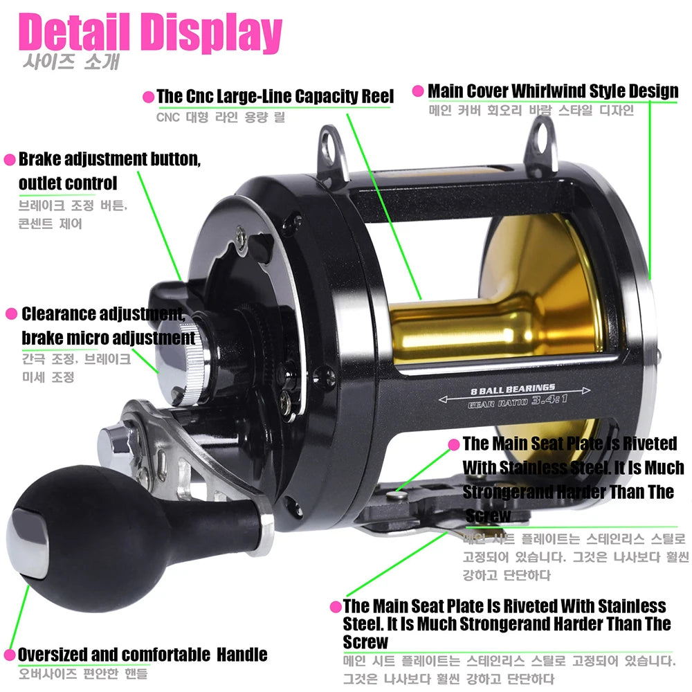 TR12000 Big Trolling Drum Fishing Reels 3.4:1 Gear Ratio 8+1BB All Aluminum Alloy Body Max Drag 30kg Sea Fishing Trolling Reel