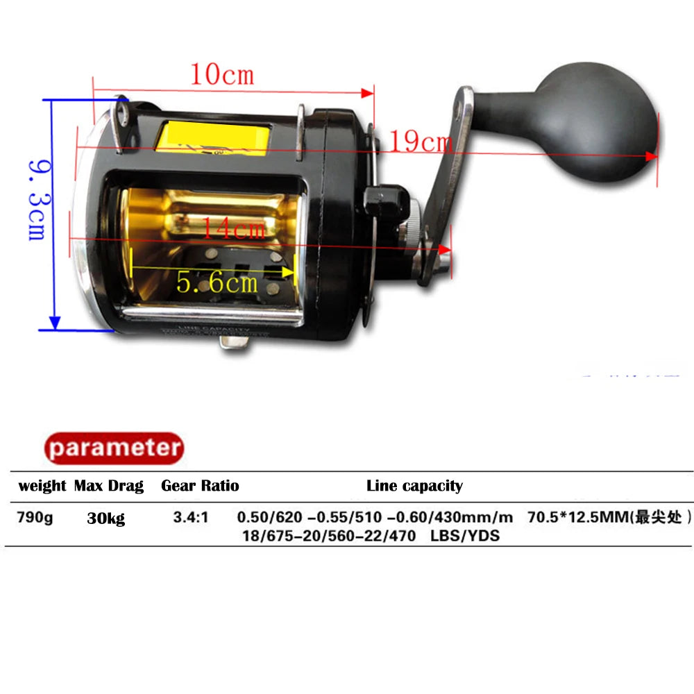 TR12000 Big Trolling Drum Fishing Reels 3.4:1 Gear Ratio 8+1BB All Aluminum Alloy Body Max Drag 30kg Sea Fishing Trolling Reel