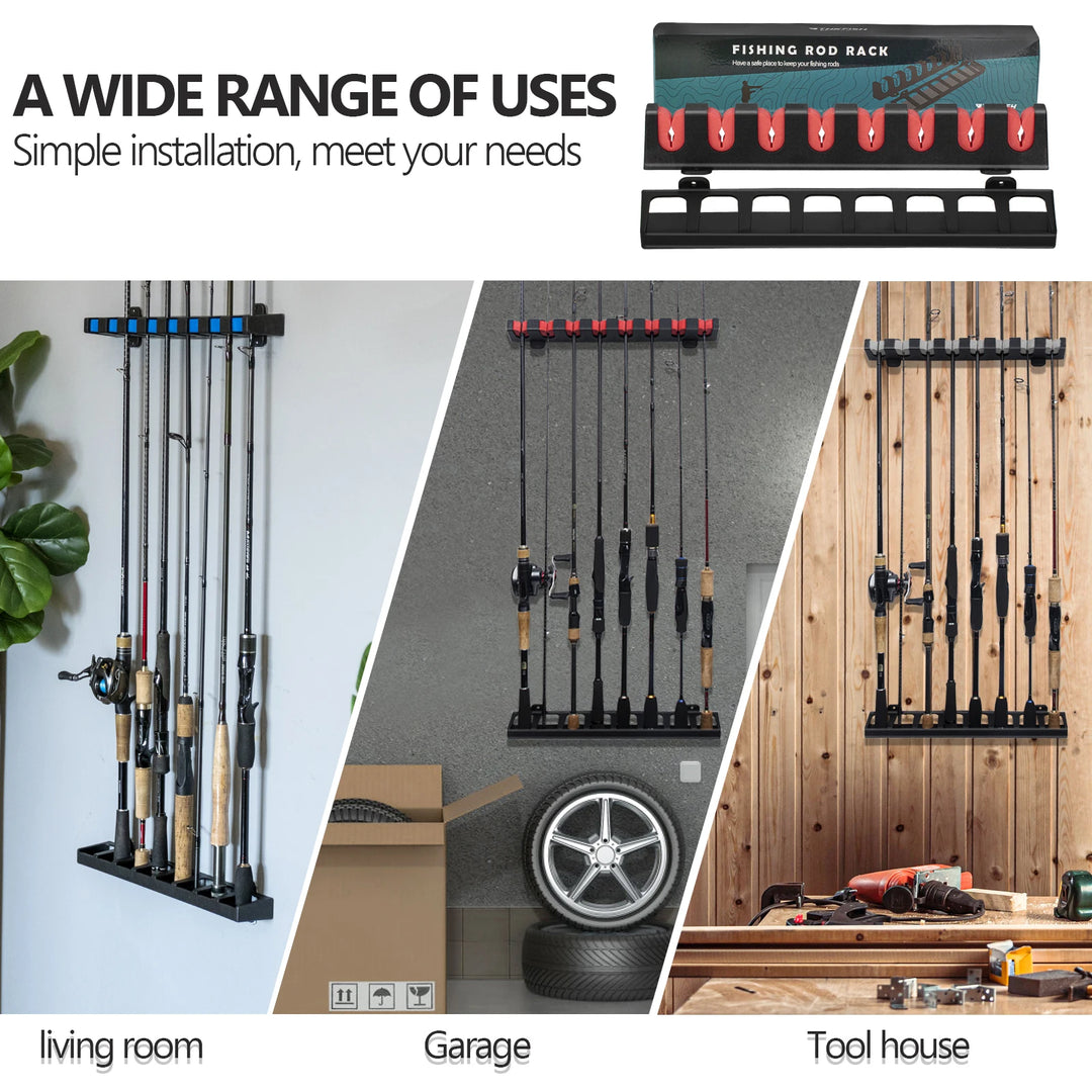 THKFISH Fishing Rod Holder Horizontal 8-Rod Rack ABS Plastic Storage Wall Mount Fishing Rod Rack Fishing Pole Holder for Garage