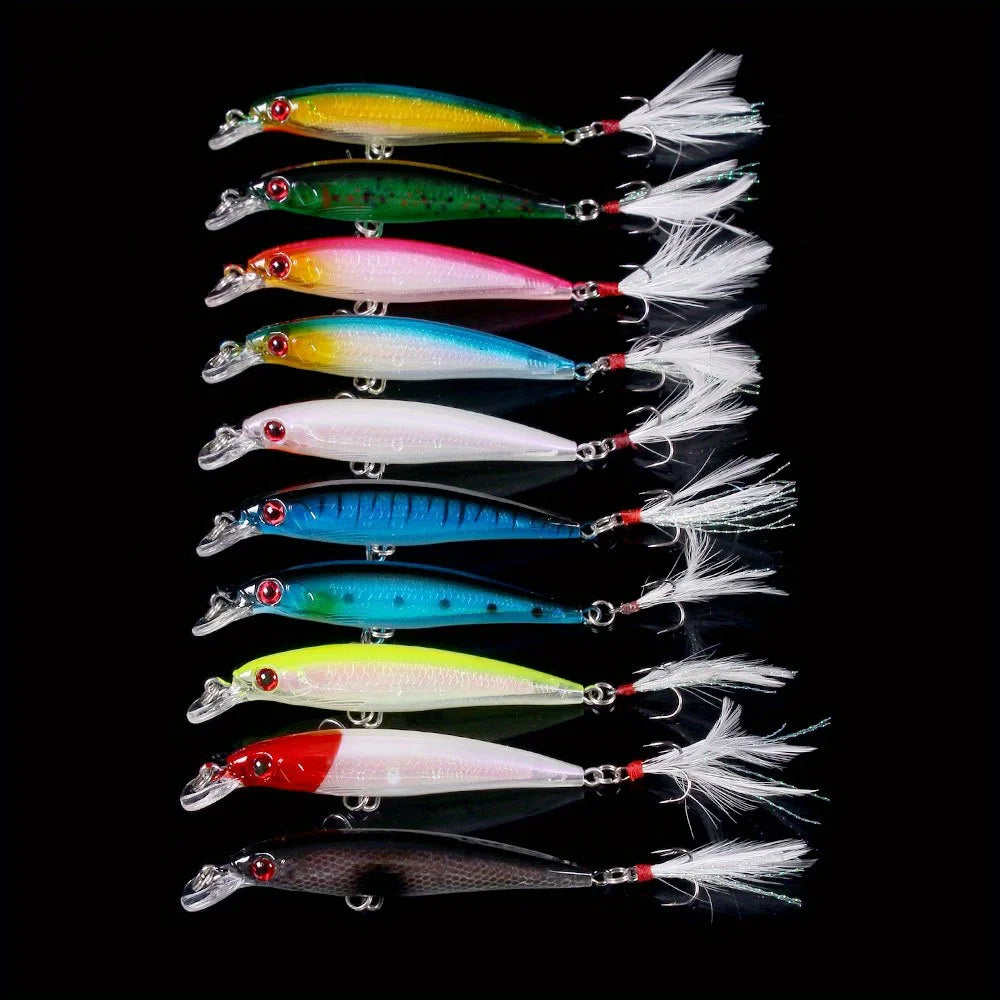 10pcs Larser Minnow Fishing Lures Set Catch Bass Faster with Feather Hook Artificial Bait Crankbait 9cm/7g