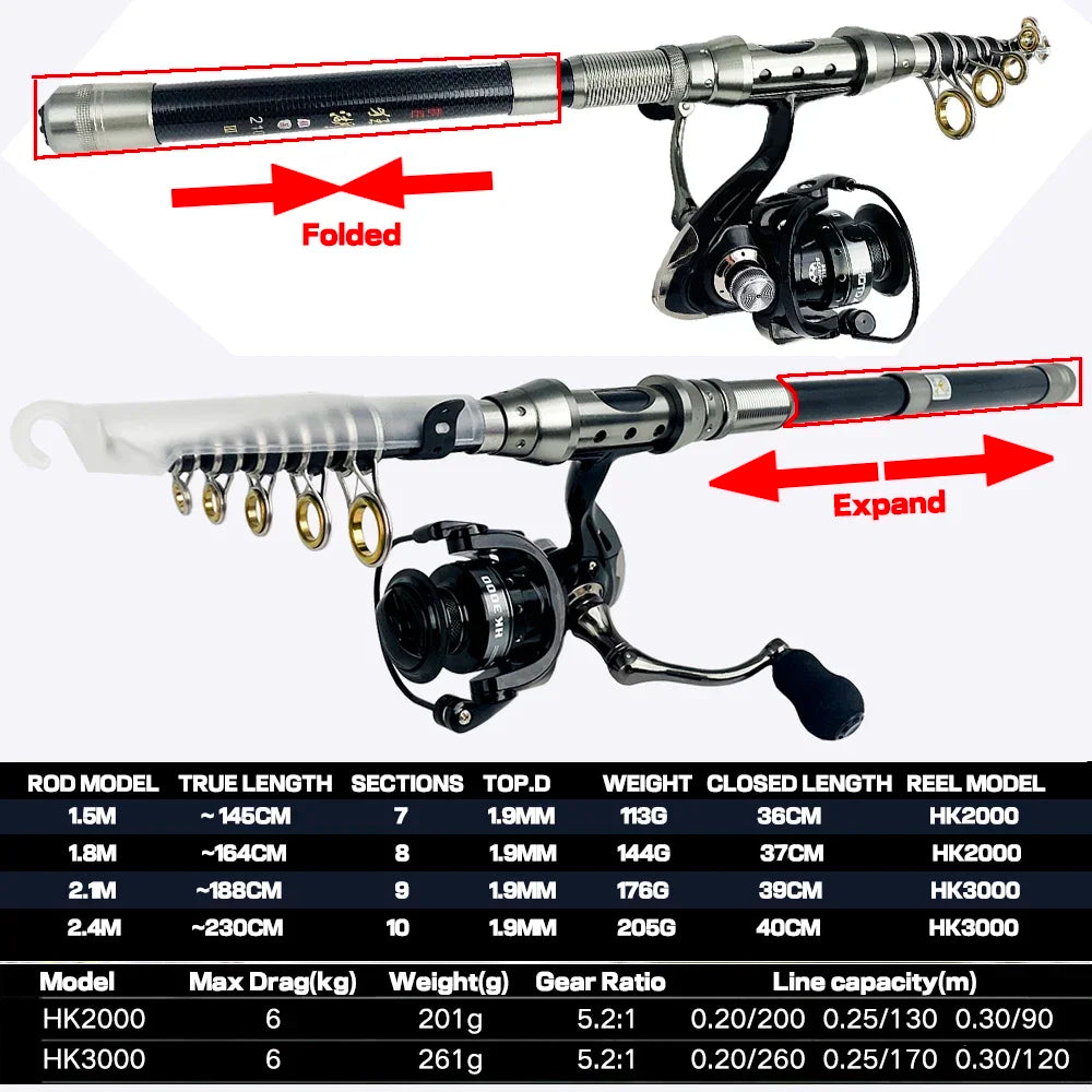 Sea Boat Carp Fishing Rod Combo 1.5-2.4 Meter Carbon+Alloy Telescopic Fishing Rod 2000/3000 Reel Complete Fishing Tackle