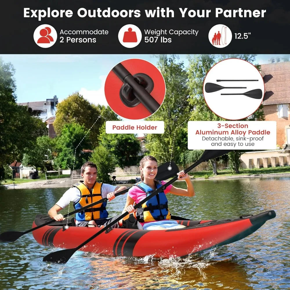 12.5Ft 507lbs Tandem Kayak with 2 Aluminum Paddles,  Inflatable Kayak, 2 Padded Seats, Footrests, 2 Fins, Hand Pump