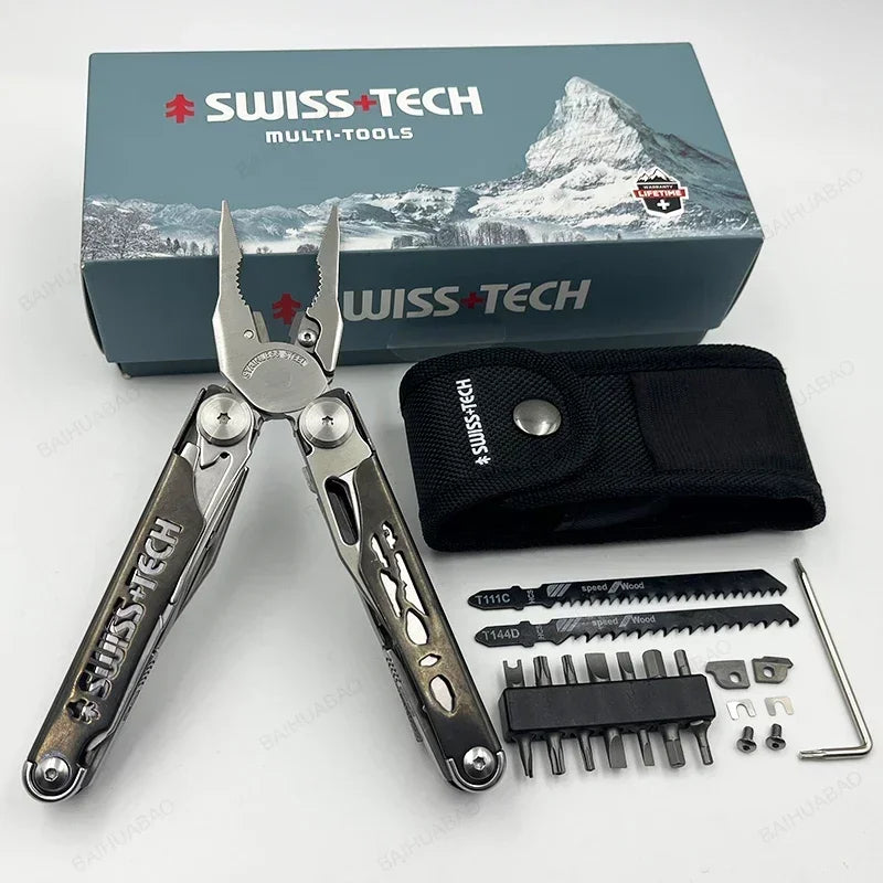 SWISS TECH 37 In 1 Multitool Pliers Folding Multi Tool Scissors Cutter  EDC Outdoor Equipment with Replaceable Saw Blade