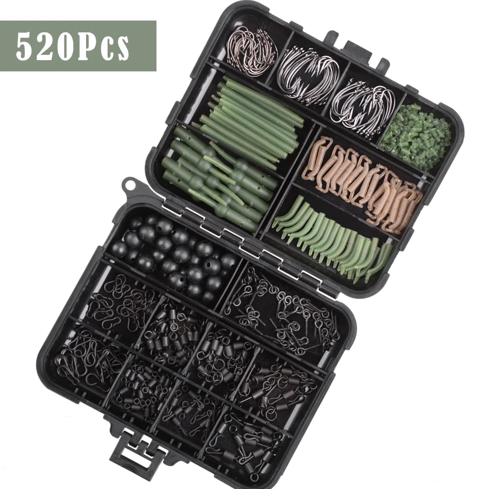 520Pcs Carp Fishing Tackle Kit Quick Change Swivels Anti Tangle Sleeves Hook Stop Beads Boilie Bait Screw Accessories with Box