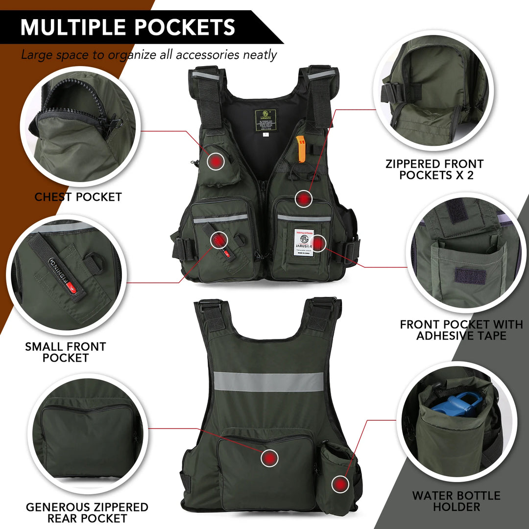 Pro Fly Fishing Life Jacket Buoyancy Vest Multi-Pockets with Water Bottle Holder for Kayaking Sailing Boating Water Sports