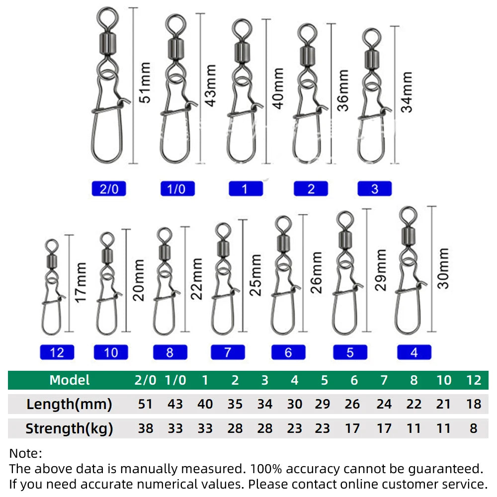 DNDYUJU 30 to 100pcs Stainless Steel Fishing Connector Pin Bearing Rolling Swivel Snap Fishhook Lure Swivels Tackle Accessories