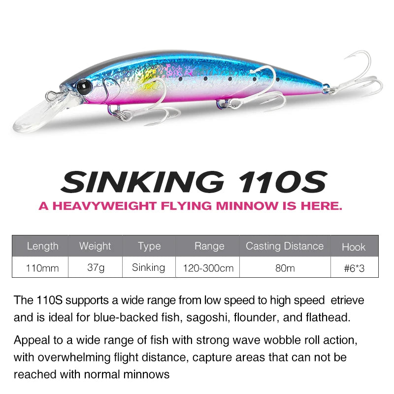 TSURINOYA Long Casting Sinking Minnow Bait 110mm 37g Max 80m Sea Fishing Lure Pesca Artificial Hard Baits Seabass Jerkbait