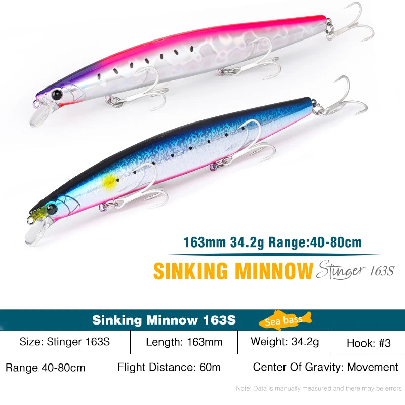 TSURINOYA STINGER 163S Ultra Long Casting Sinking Saltwater Minnow 163mm 34.2g Sea Fishing Lure Artificial Large Hard Baits