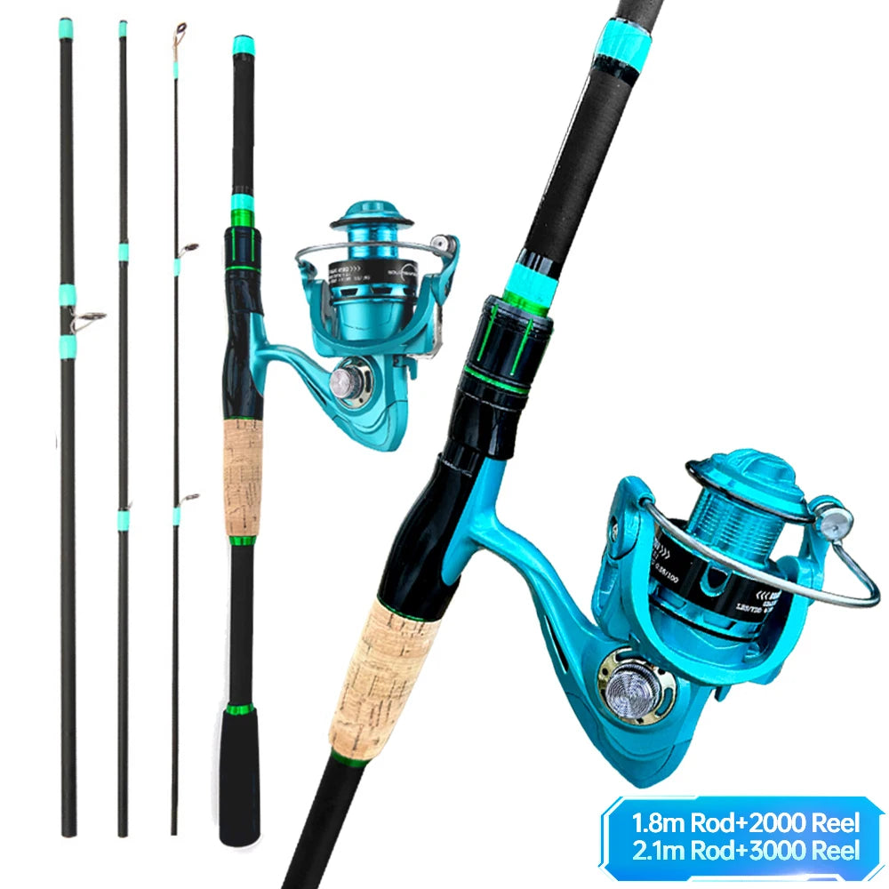 1.8m 2.1m Lure Fishing Set Spinning Rod Reel Combo Long Casting Jigging Fishing Kit 2000 3000 Size Reels Blue Carbon Fiber Pole