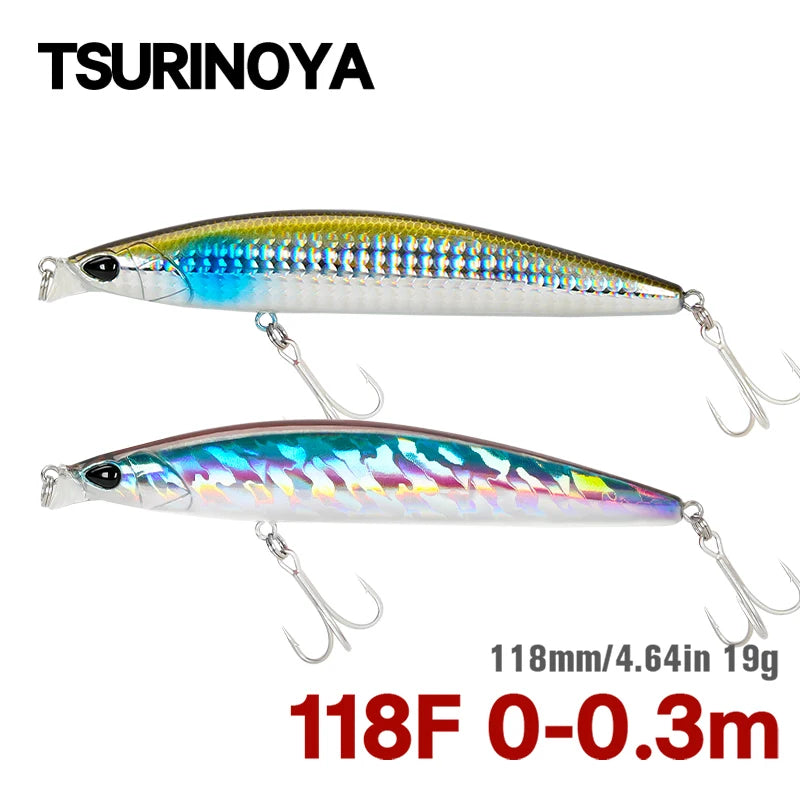 TSURINOYA 118mm 19g 0-30cm Shallow Range Floating Fishing Lure DW95 118F Inshore Seabass Minnow Sea Fishing Artificial Hard Bait