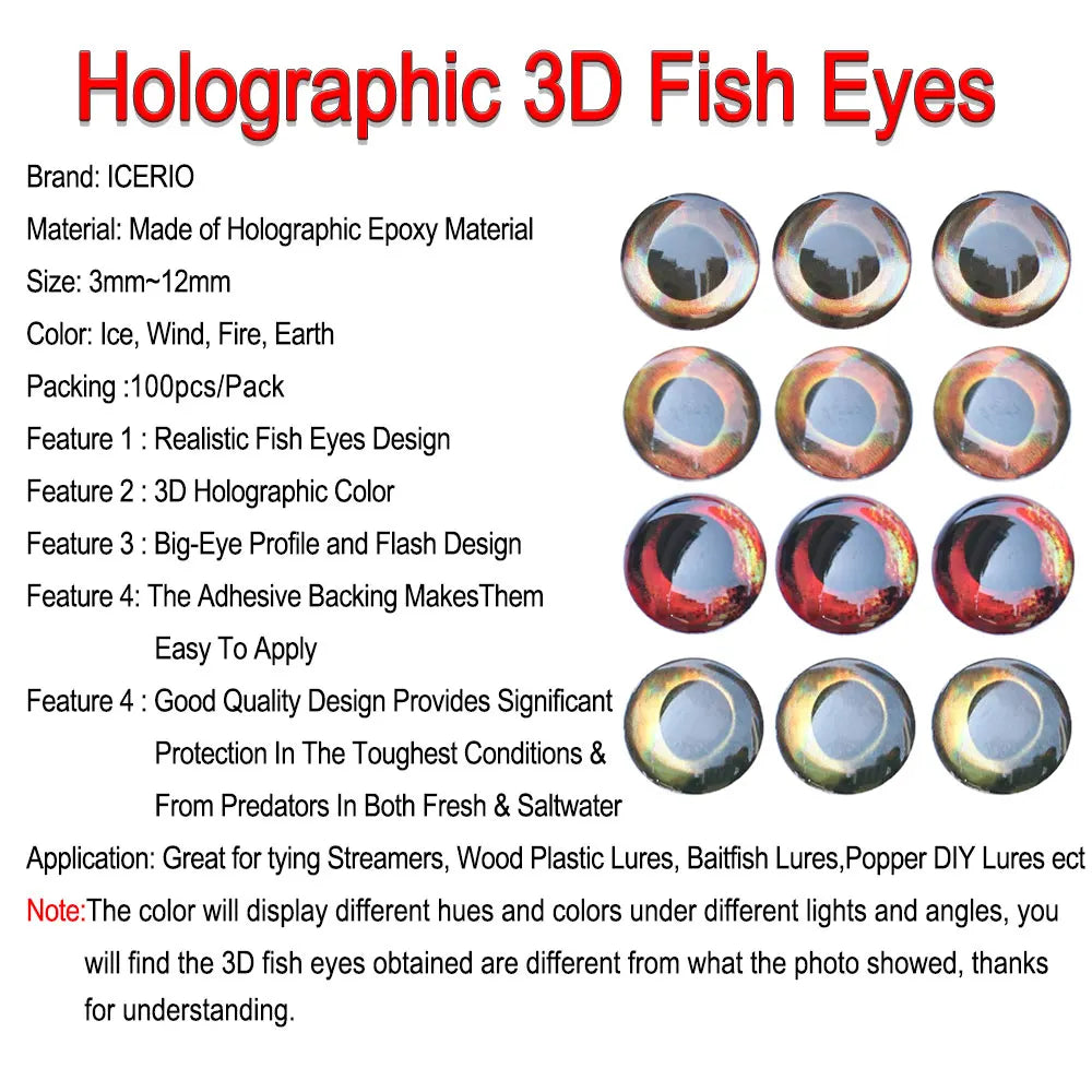 ICERIO 100PCS  Holographic 3D 4D Fish Eyes For Fly Tying Streamer Flies Baitfish Wood Plastic Lures Saltwater Fishing Lures