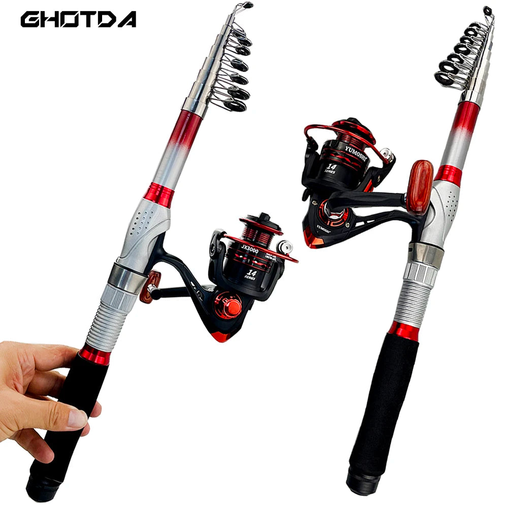 Rod+Reel Combo Spinning Reels Kit Telescopic Fishing Rods Set Carbon Fiber Pole for Lake Sea and 5.5:1 Gear Ratio Wheel for Bass