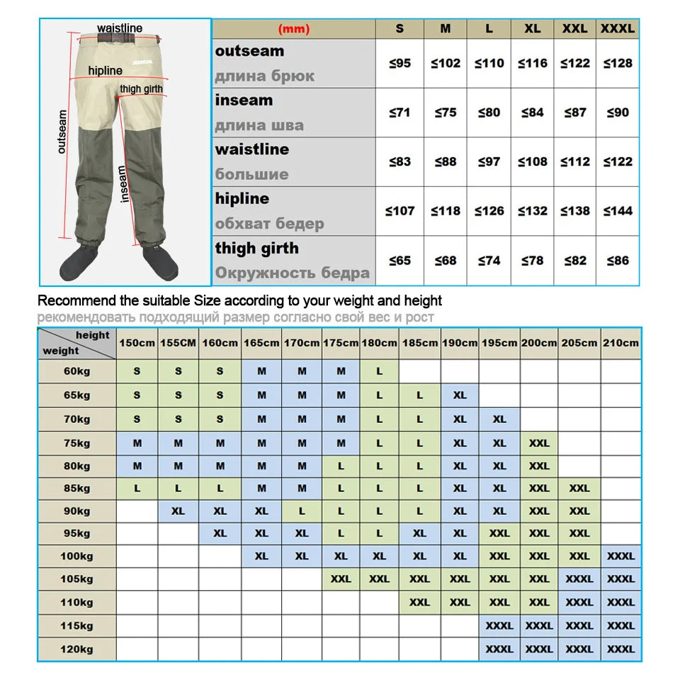 JEERKOOL Fly Fishing Waders Wading Pants Fishing Waders Pants Portable Chest Waterproof Overalls Boots Clothes Stocking Foot