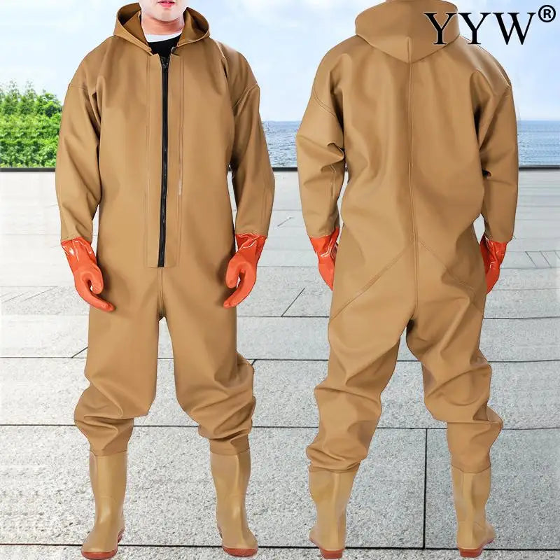 Waterproof Overalls Long Sleeve Wader Trousers Fishing Hooded Waders Pants With Boots Gloves Adult Set Fishery Apparel Gear Suit