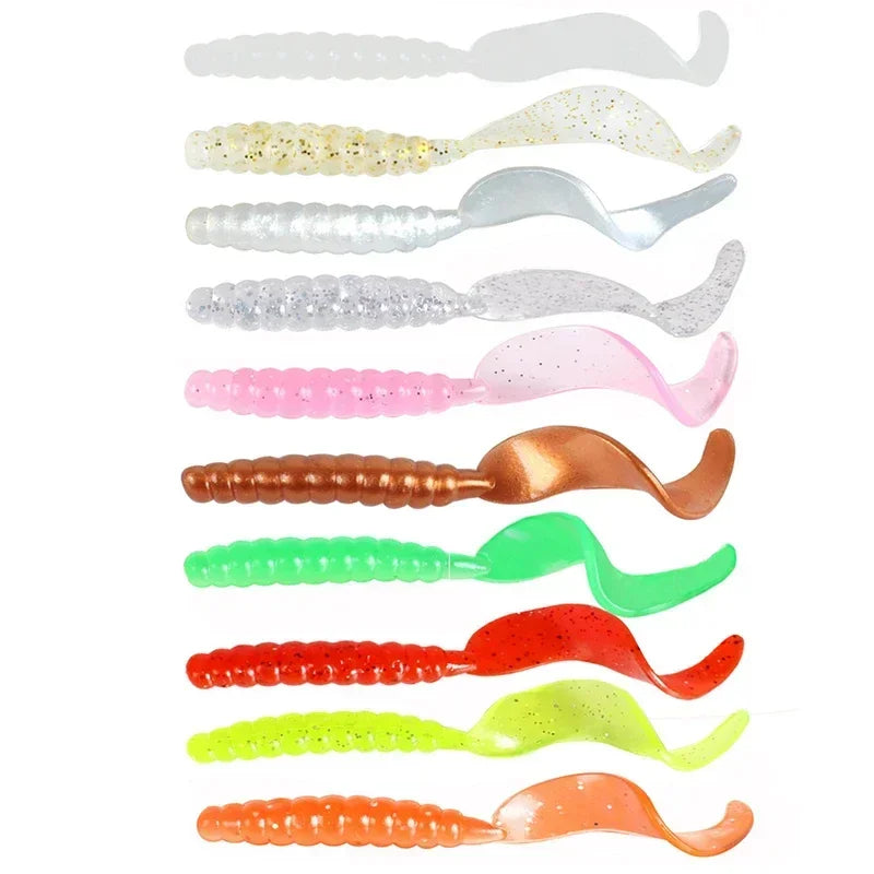 10pc Jigging Soft Silicone Fishing Lures 35mm 55mm Shrimp Fishy Smell Wobblers Spiral Tail Artificial Swimbaits Shad Souple