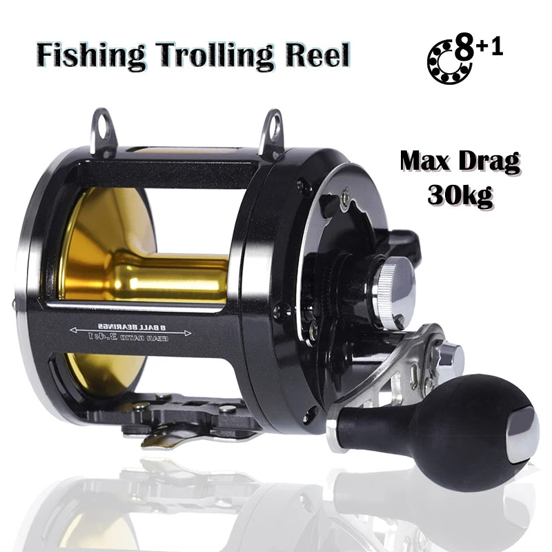 TR12000 Big Trolling Drum Fishing Reels 3.4:1 Gear Ratio 8+1BB All Aluminum Alloy Body Max Drag 30kg Sea Fishing Trolling Reel