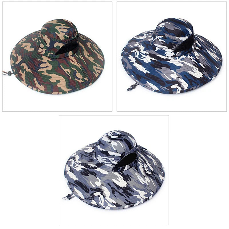 CAMOLAND Summer Sun Hat Men Camouflage Bucket Hat High Quality Outdoor UV Protection Cap Male Long Wide Brim Hiking Fishing Hats