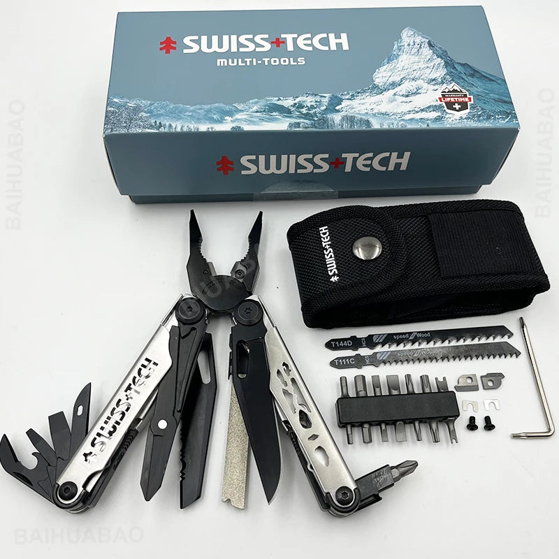 SWISS TECH 37 In 1 Multitool Pliers Folding Multi Tool Scissors Cutter Replaceable Saw Blade EDC Outdoor Camping Equipment