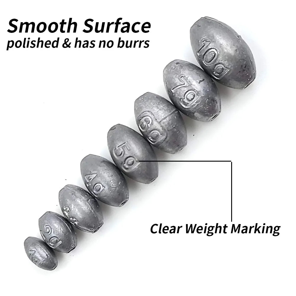 100/60/50Pcs Egg Weights Fishing Sinkers for Saltwater Freshwater Bass Fishing Weight Oval Sinker Tackle Kit