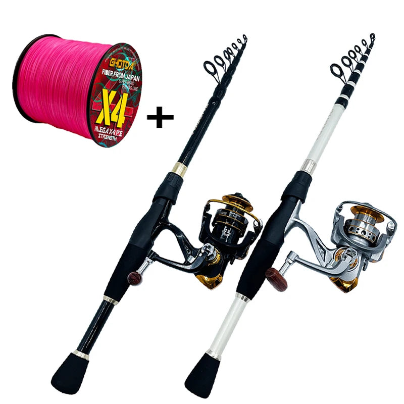 GHOTDA 1.6-2.4M Carbon Fiber Spinning Telescopic Fishing Rod Max Drag 8kg Baitcasting Reel Full Kit with Fishing Line for Bass