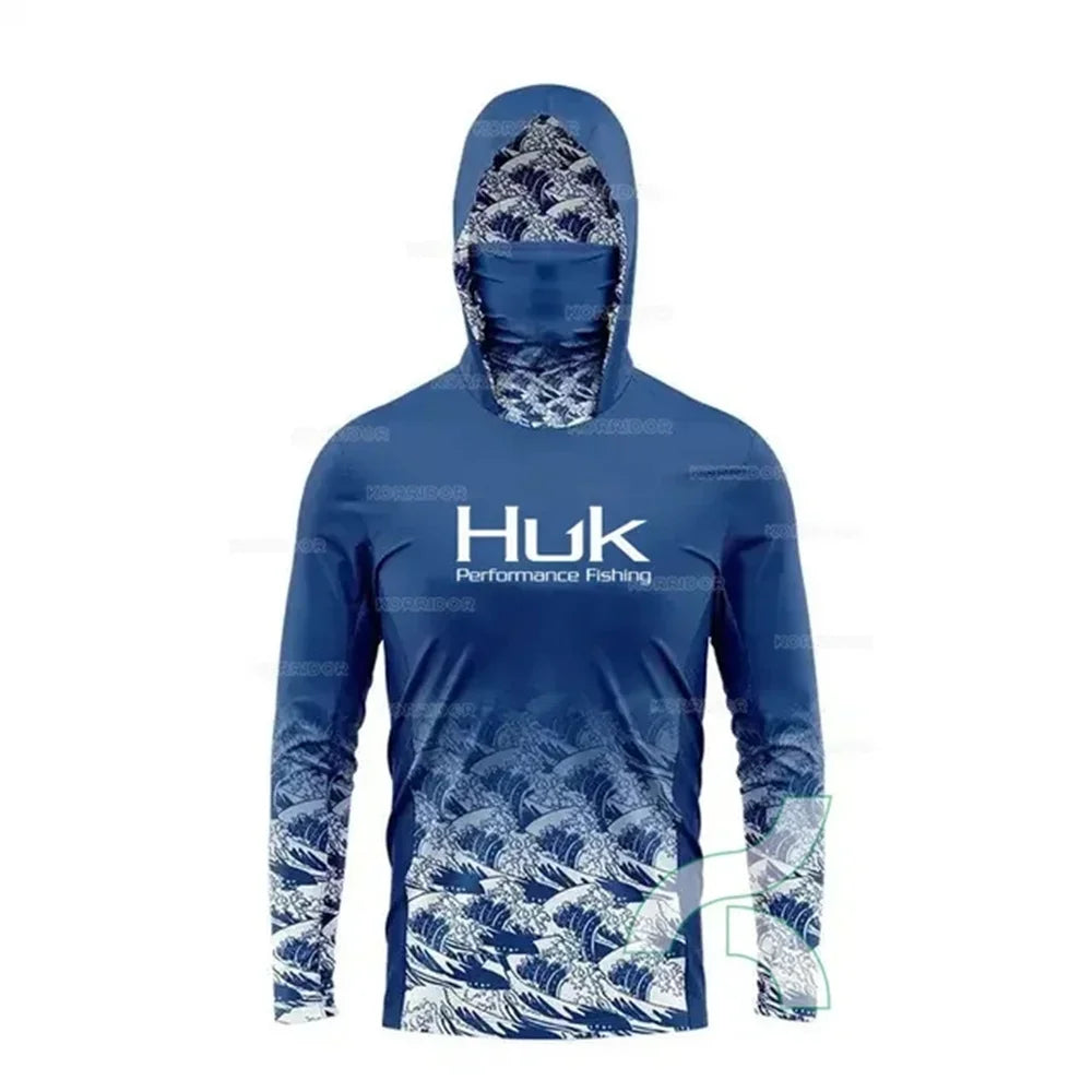 HUK Fishing Shirt Performance Long Sleeve Fishing Hooded Shirt Men With Face Mask Summer Outdoor Sun Protection Fishing Clothes