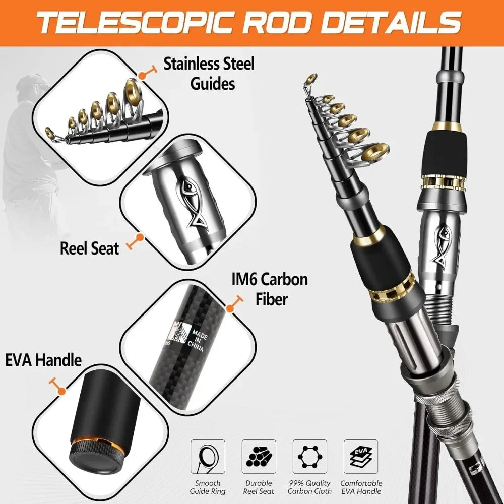 Telescopic Fishing Rod and Reel Combos Full Kit, 2PACK Full Kit with Carrier Case，Carbon Fiber Fishing Pole, 12 +1 Shielded