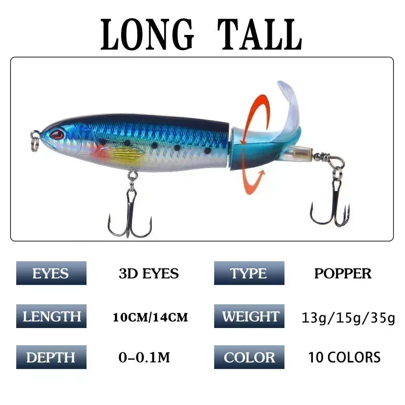 Topwater Fishing Lure Whopper Popper Artificial Bait Hard Plopper Soft Rotating Tail Fishing Tackle Fishing Bait 10cm/14cm