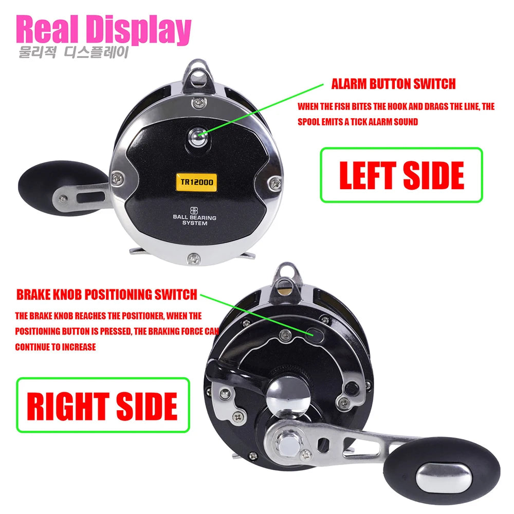 TR12000 Big Trolling Drum Fishing Reels 3.4:1 Gear Ratio 8+1BB All Aluminum Alloy Body Max Drag 30kg Sea Fishing Trolling Reel