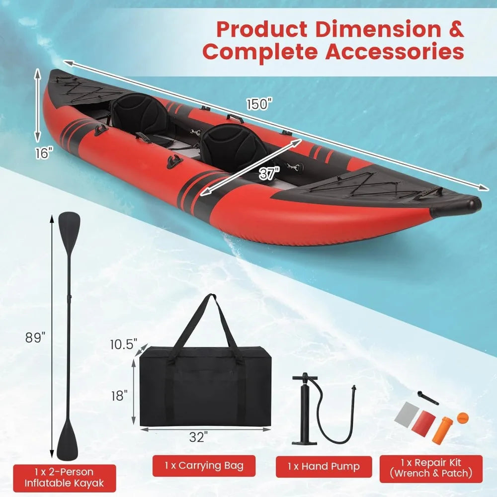 12.5Ft 507lbs Tandem Kayak with 2 Aluminum Paddles,  Inflatable Kayak, 2 Padded Seats, Footrests, 2 Fins, Hand Pump