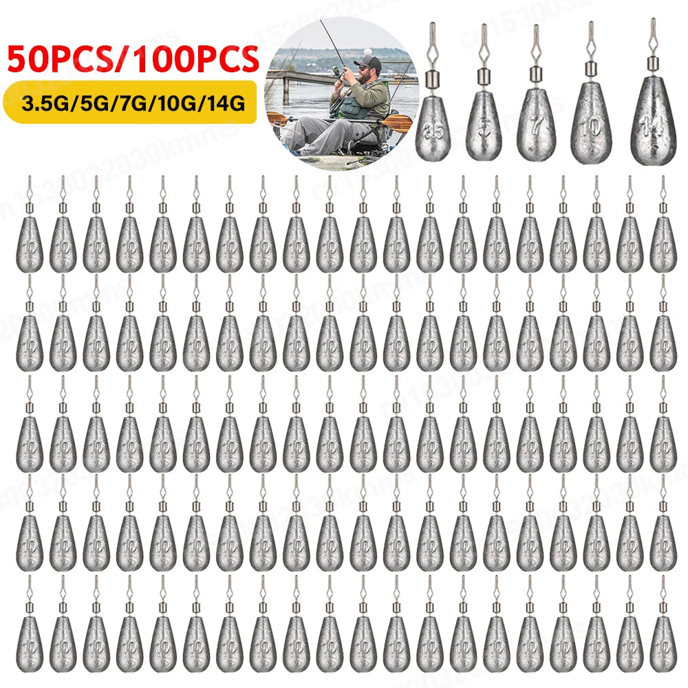 50/100PCS Fishing Weight Sinker Water Drop Weights Carp Fishing Baits 360 Degree Rotatory Sinker Fishing Tackle Accessories