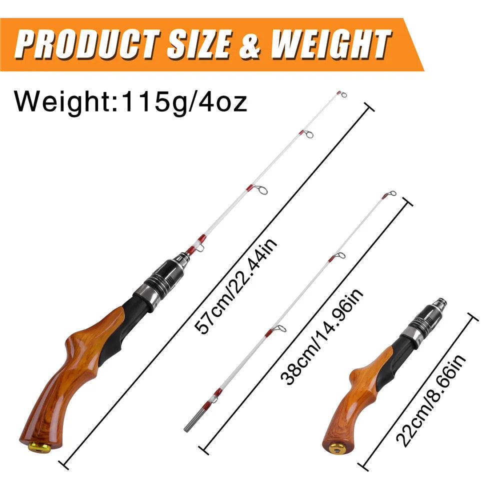 Outdoor Winter Ice Fishing Rod 57CM 2 Sections Wooden Handle Ice Fishing pole for Bass Trout Salmon ice jig bait fishing tackle