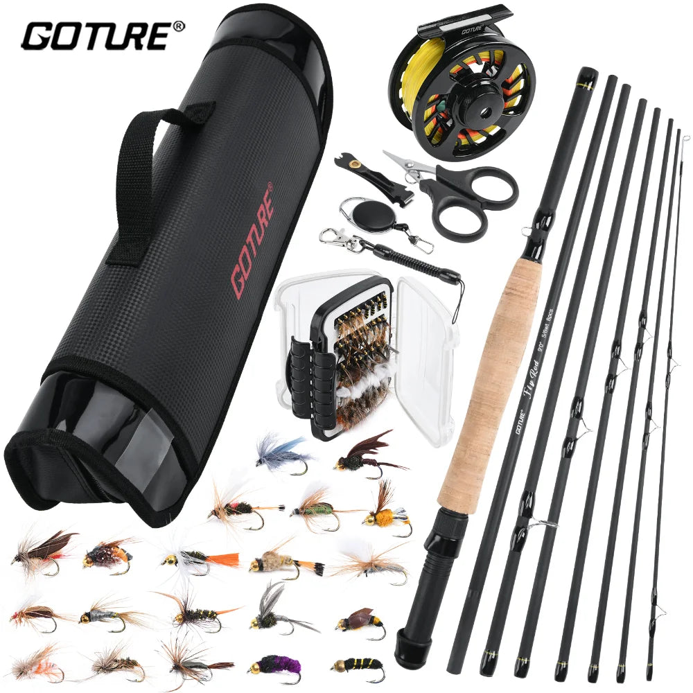 Goture 2.7m/9FT Fly Fishing Rod Set 5/6WT 8pcs Carbon Fiber Fly Rod Combo Portable Travel Feeder with Reel Fishing Tackle Bag