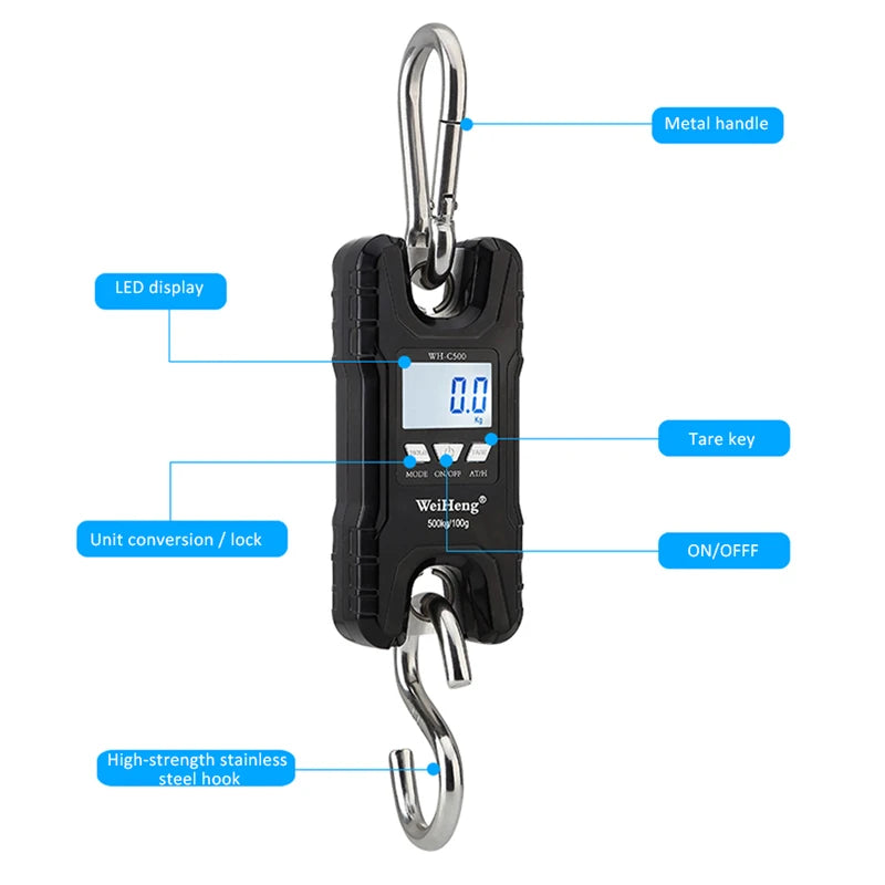 500kg/100g Crane Scale 0.2kg-500kg Industrial Heavy Duty Hanging Scale LCD Digital Electronic Scale with Stainless Steel Hook