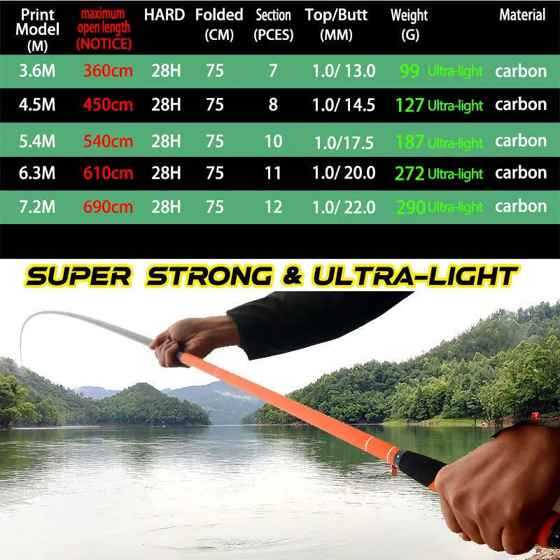 PAZA Telescopic Fishing Rod Carbon Fiber Stream  Superhard Hand Durable  Pole Carp Pesca 3.6M 4.5M 5.4M 6.3M 7.2M