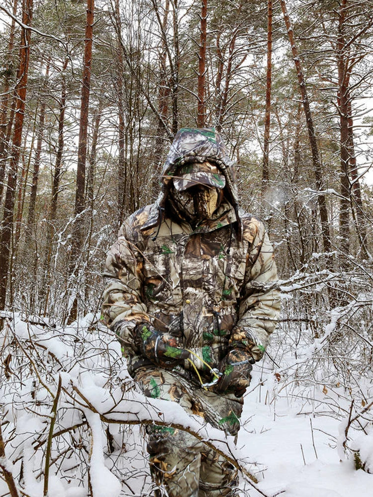 Winter Thermal Tree Camo Hunting Fishing Suit Rainproof Bionic Camouflage CS Cosplay Military Operation Hooded Jacket Pants