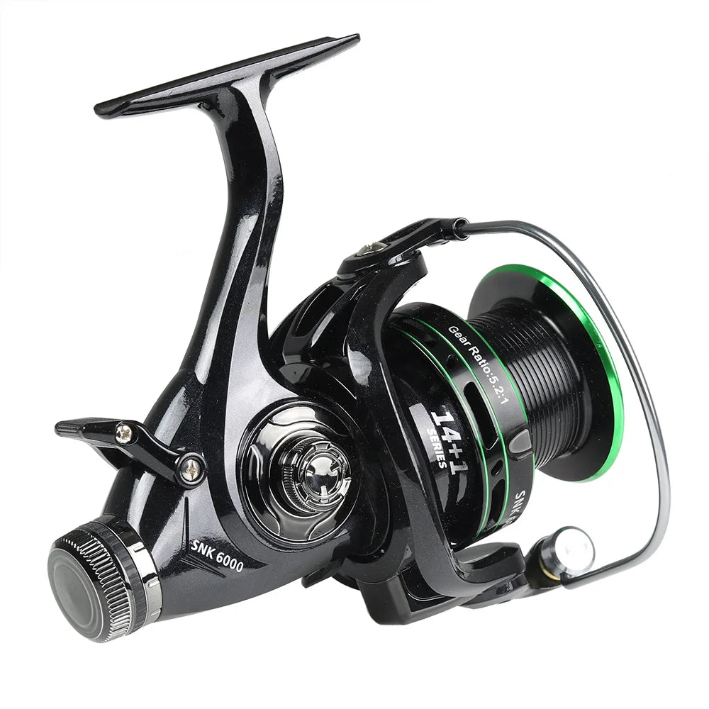 JOSBY Durable Long Throw Fishing Reel Front Rear Brakes Feeder 3000 4000 5000 6000 Wire Cup Spinning Reel Gear Ratio 5.2:1