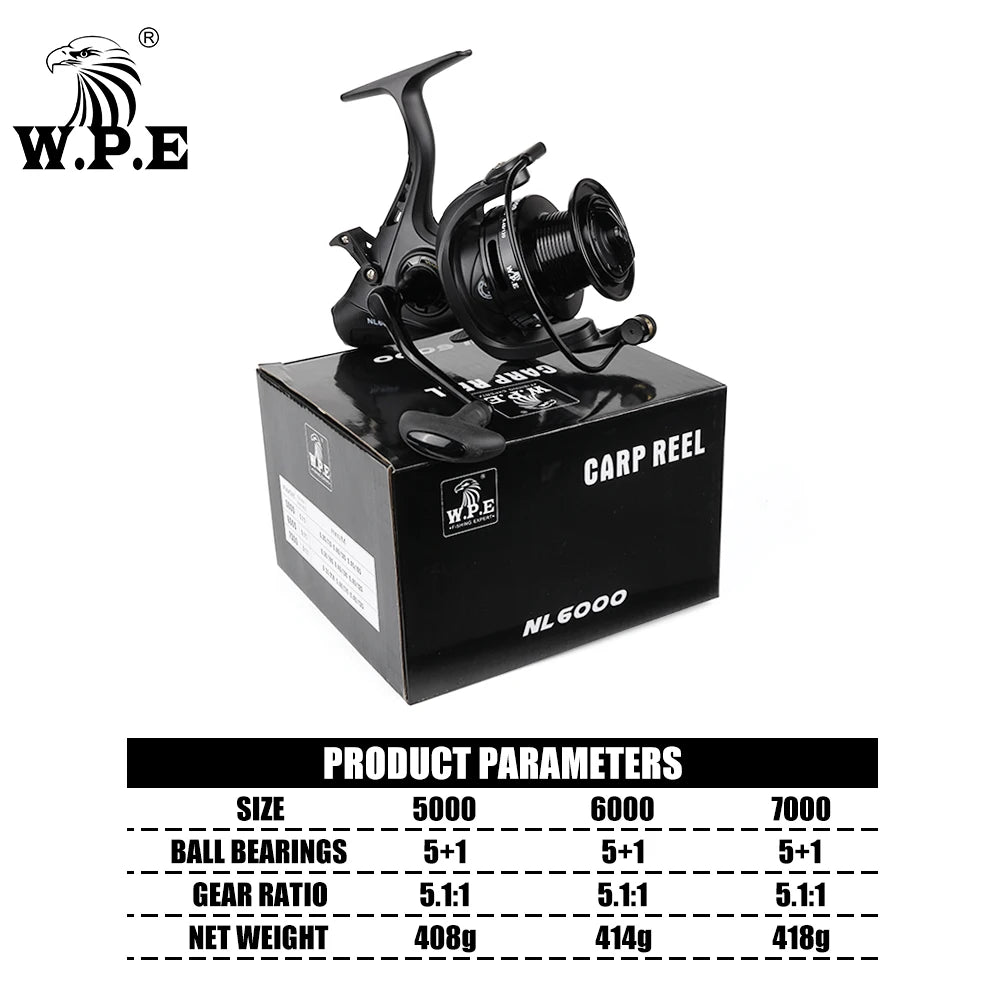 W.P.E NL Carp Fishing Reel 5000/6000/7000 Spinning Fishing Reel High Gear Ratio 5.1:1 5+1 Ball Bearings Full Metal Spool Pesca