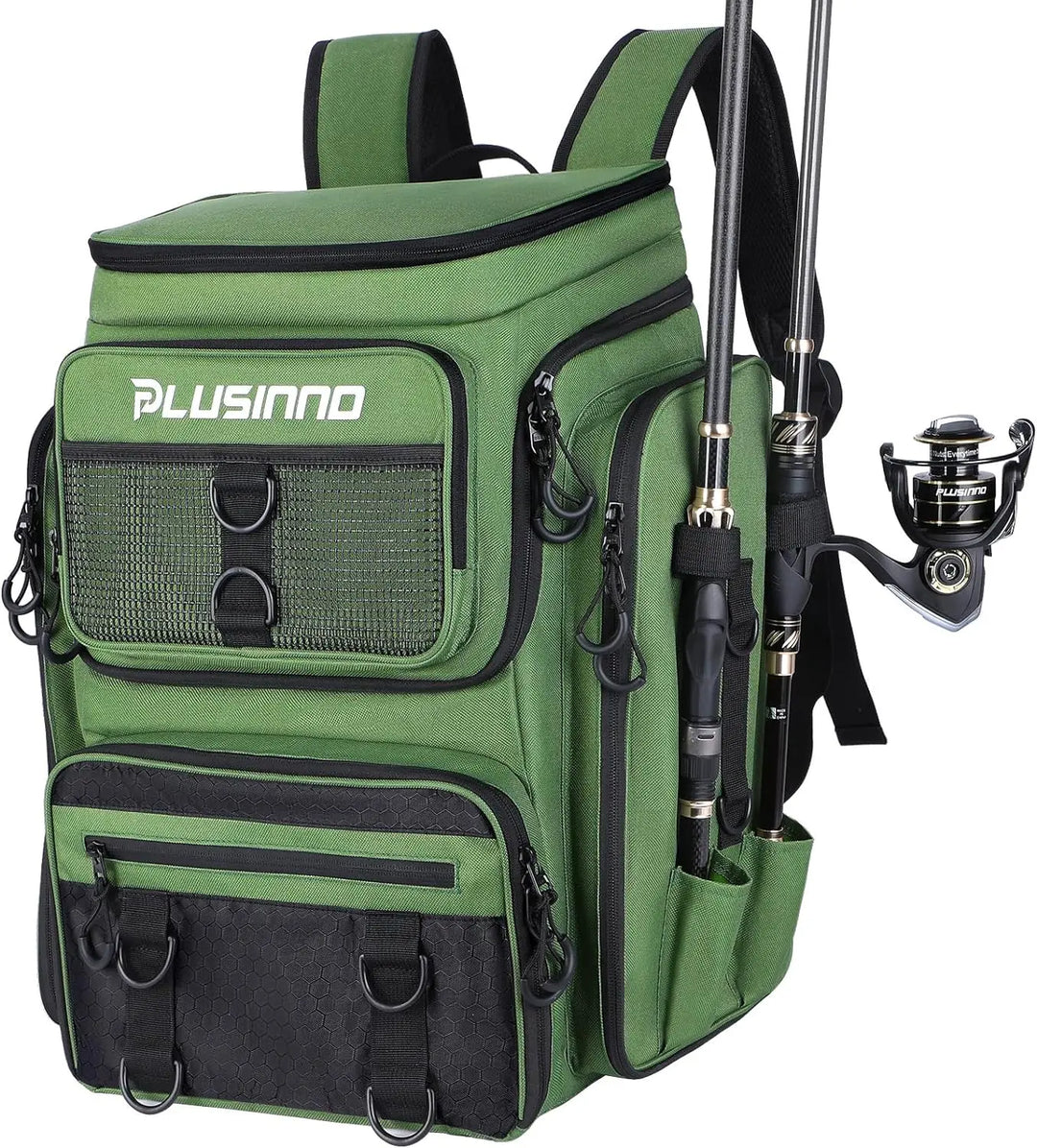 PLUSINNO Fishing Backpack with Rod Holders, 42L Large Water-resistant Fishing Tackle Bag Store Fishing Gear for Fishing, Camping