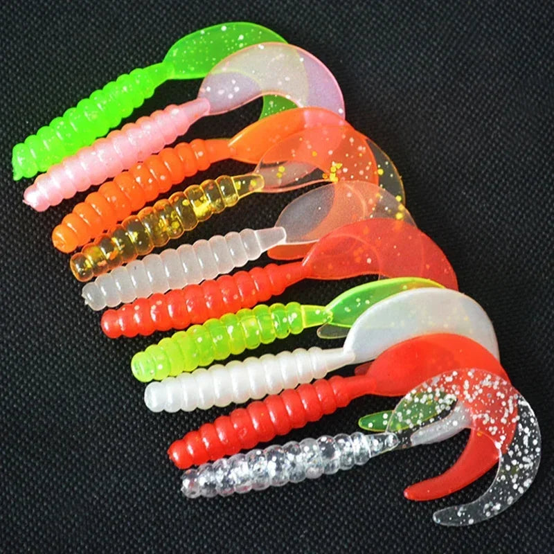 10pc Jigging Soft Silicone Fishing Lures 35mm 55mm Shrimp Fishy Smell Wobblers Spiral Tail Artificial Swimbaits Shad Souple