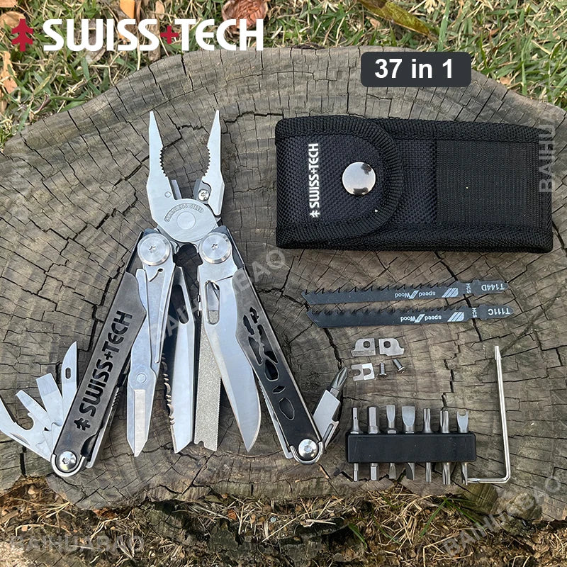 SWISS TECH 37 In 1 Multitool Pliers Folding Multi Tool Scissors Cutter Replaceable Saw Blade EDC Outdoor Camping Equipment