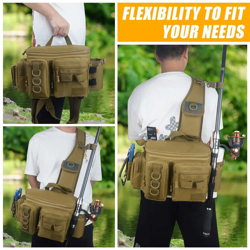 Fishing Sling Bag Crossbody Bag Fishing Tackle Backpack with Rod & Gear Holder Lightweight Shoulder Fly Fishing Pack Storage Bag