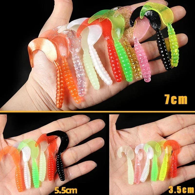 10pc Jigging Soft Silicone Fishing Lures 35mm 55mm Shrimp Fishy Smell Wobblers Spiral Tail Artificial Swimbaits Shad Souple