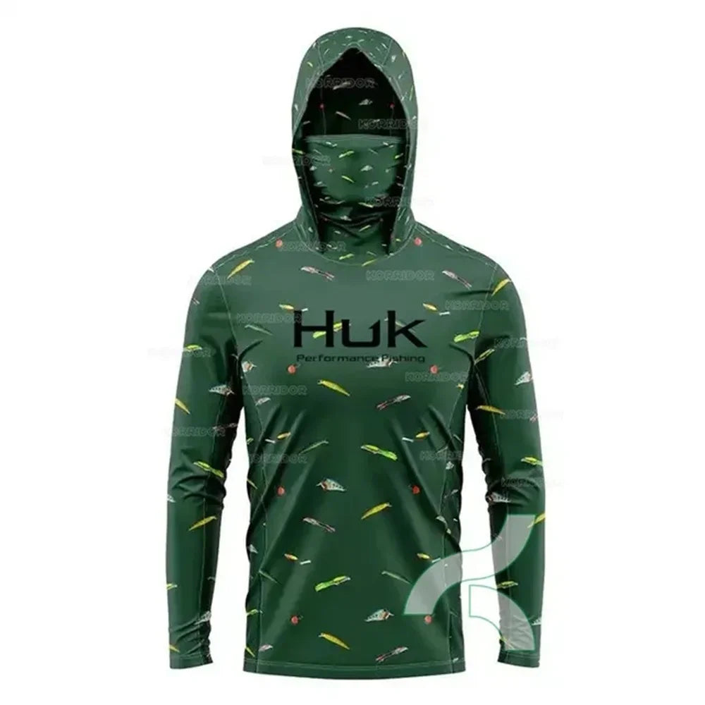 HUK Fishing Shirt Performance Long Sleeve Fishing Hooded Shirt Men With Face Mask Summer Outdoor Sun Protection Fishing Clothes