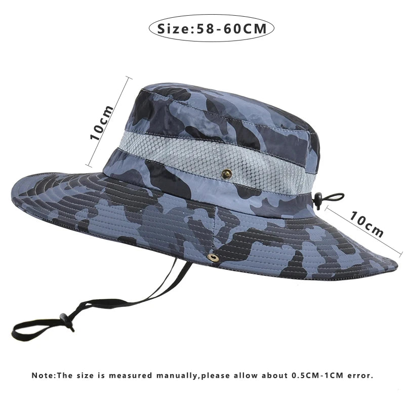 New Classic Camouflage Bucket Hat for Men Summer UV Protection Climbing Fishing Hat 10cm Big Brim Mesh Breathable Sunscreen Cap