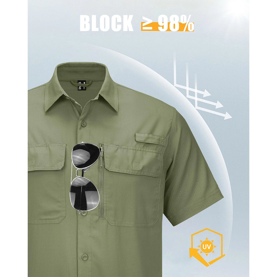 MAGCOMSEN Fishing Shirt Men's Short Sleeve UPF 50+ Sun Protection Button Down Shirt Quick Dry Breathable Shirt for Hiking Safari