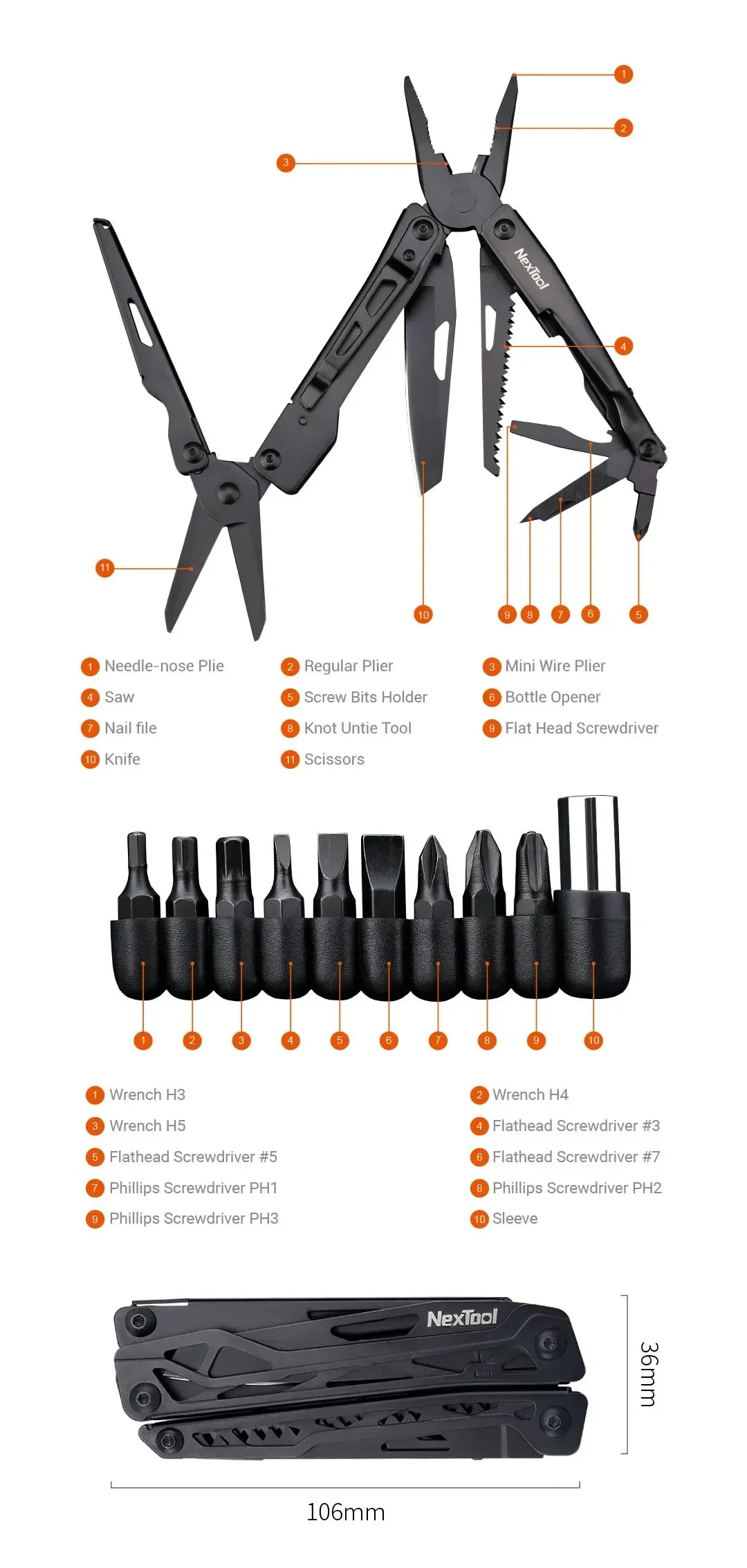 NexTool Black Knight with Optional Kydex Sheath 11 In 1 Multitool Pliers Outdoor Survival Folding Scissors Hand Multi Tool