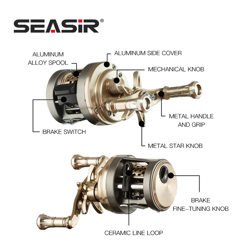 SEASIR JH Drum Baitcasting Reel Metal Body Micro/Deep Spools High Strength Max Drag 7kg Bearing 9+1BB Saltwater Fishing Reels