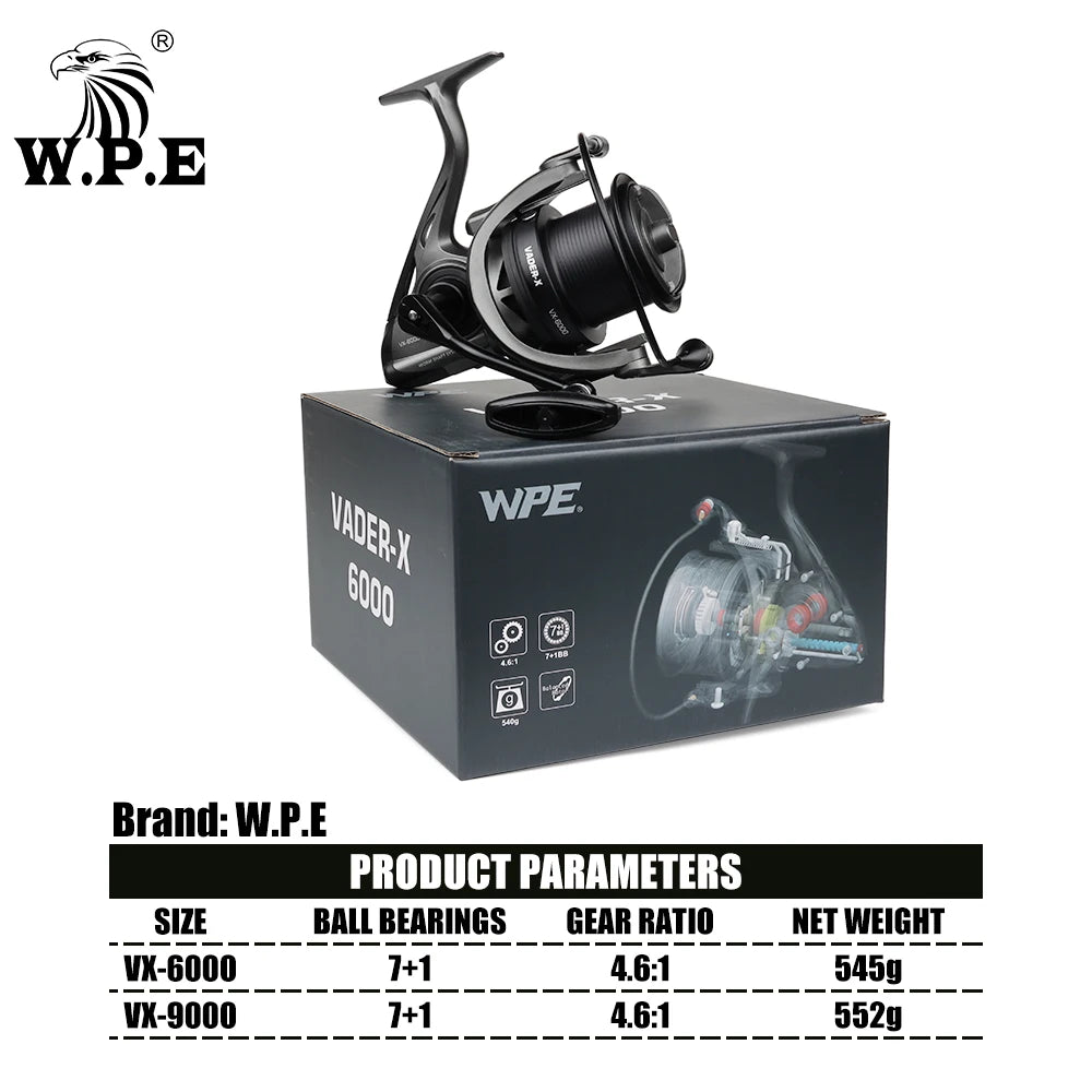 W.P.E VX Carp Fishing Reel Spinning Reel 6000 9000 Metal Spoon 7+1 Ball Bearings Gear Ratio 4.6:1 Carp Fishing Tackle Pesca