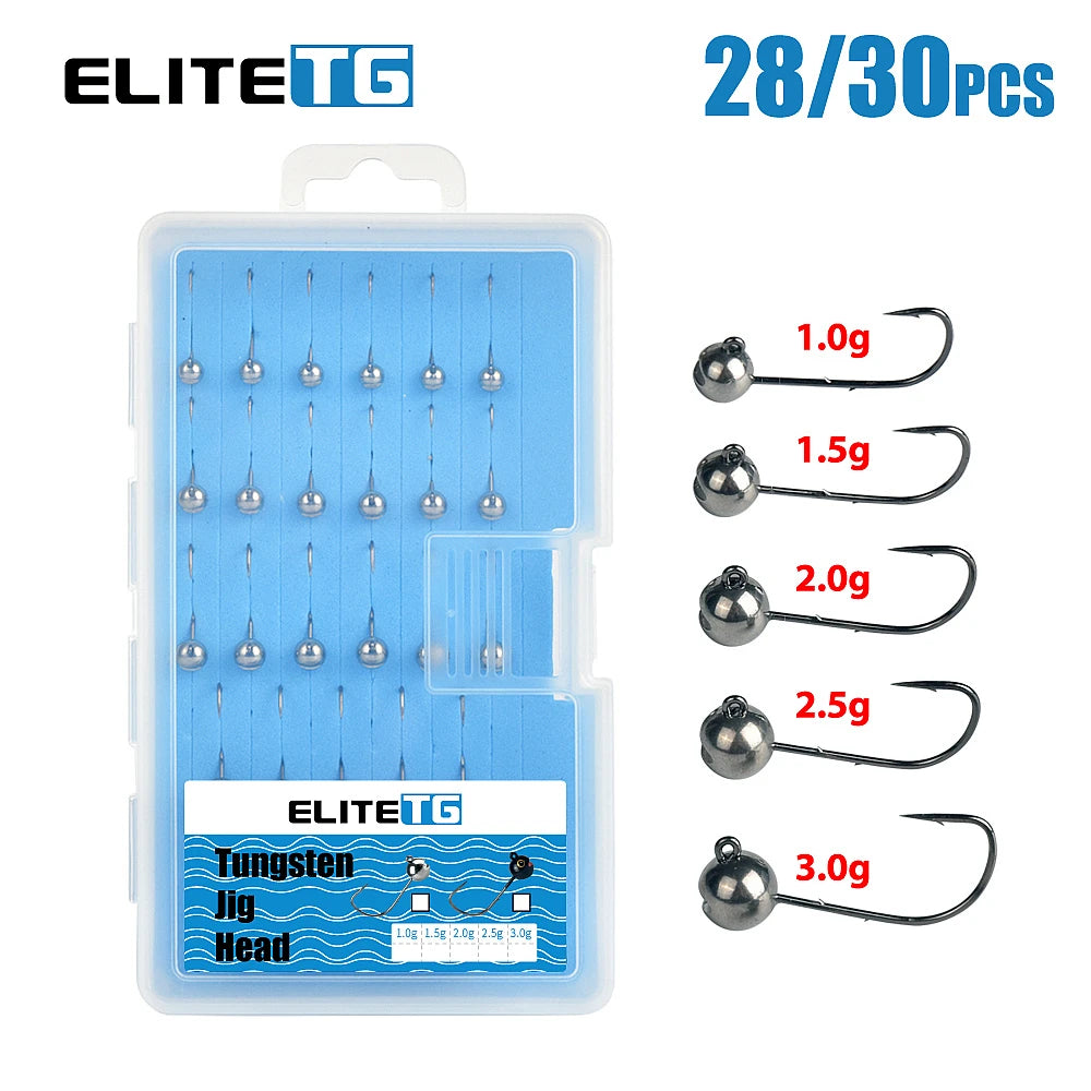 Elite TG 28/30PCS Tungsten Jig Head Hook, 1g-3g Boxed Soft Grub Worm Baits MANTIS AJING Round Head Bass Salmon Bream Jigs