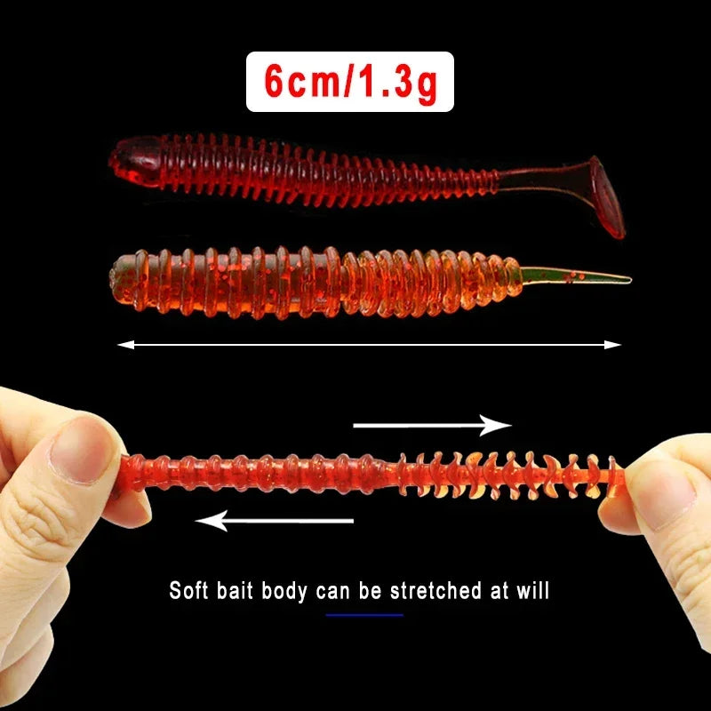 10pcs/Lot Worm Soft Fishing Lures Jig Wobblers 6cm 1.3g Shrimp Odor Additive Silicone Artificial Baits Bass Carp Pesca Tackle